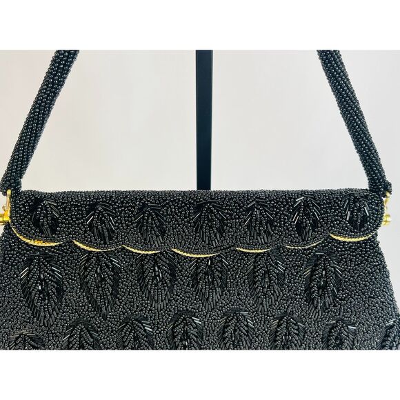 Vintage Hand Beaded Evening Bag Black Leaf Gold Hong Kong Handbag - Picture 4 of 12